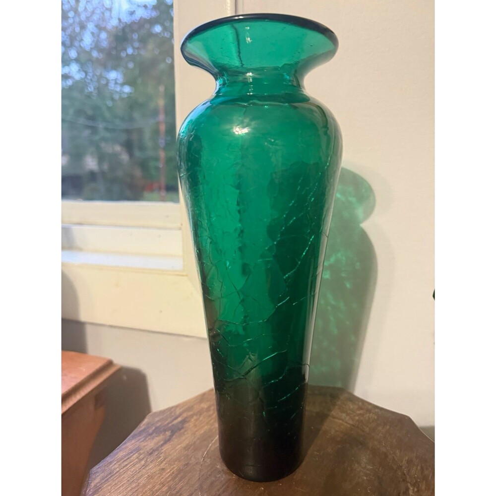 Blenko Emerald Green Crackle Glass Vase Decorative, Vintage
